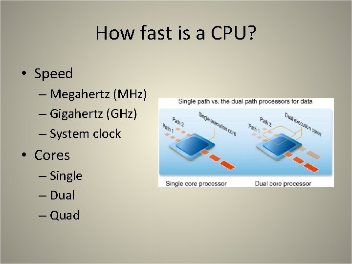 How fast is a CPU? • Speed – Megahertz (MHz) – Gigahertz (GHz) – How fast is a CPU? • Speed – Megahertz (MHz) – Gigahertz (GHz) –