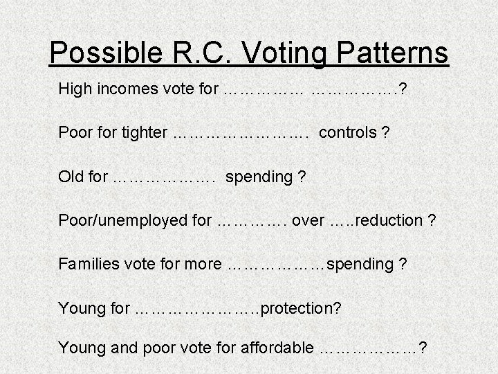 Possible R. C. Voting Patterns High incomes vote for ……………. ? Poor for tighter