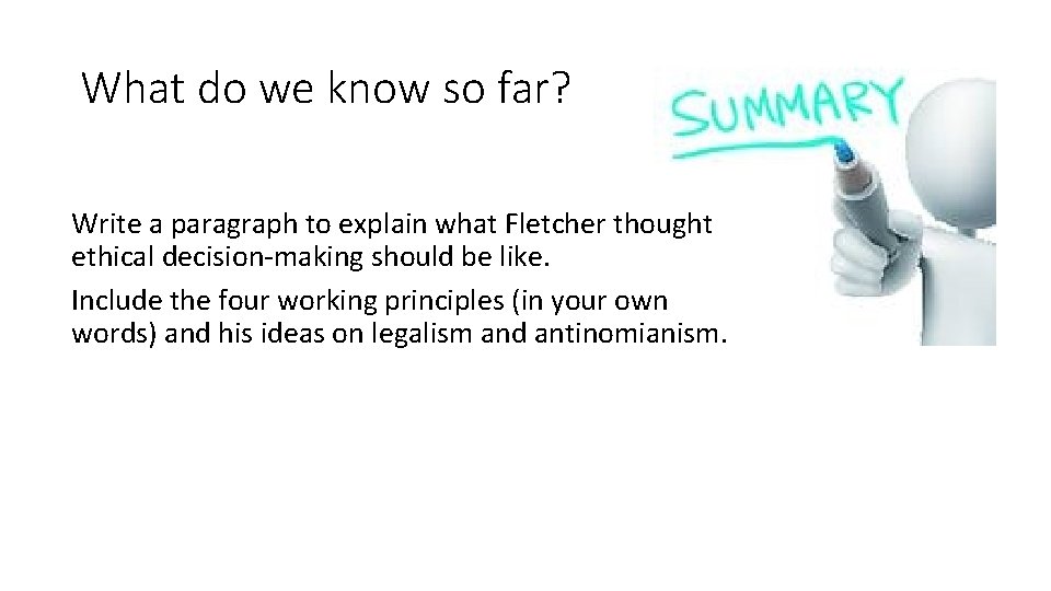 What do we know so far? Write a paragraph to explain what Fletcher thought