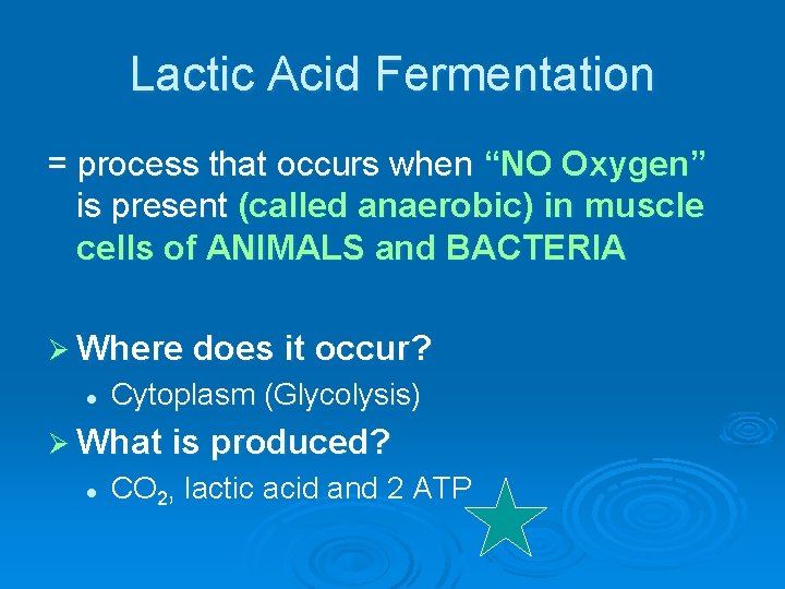 Lactic Acid Fermentation = process that occurs when “NO Oxygen” is present (called anaerobic)