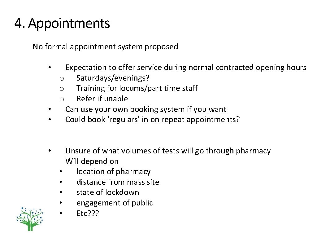 4. Appointments No formal appointment system proposed Expectation to offer service during normal contracted