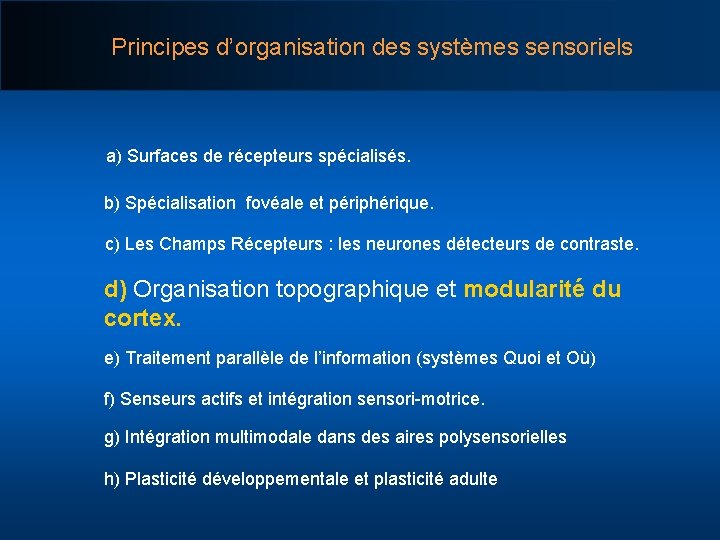 Principes d’organisation des systèmes sensoriels a) Surfaces de récepteurs spécialisés. b) Spécialisation fovéale et