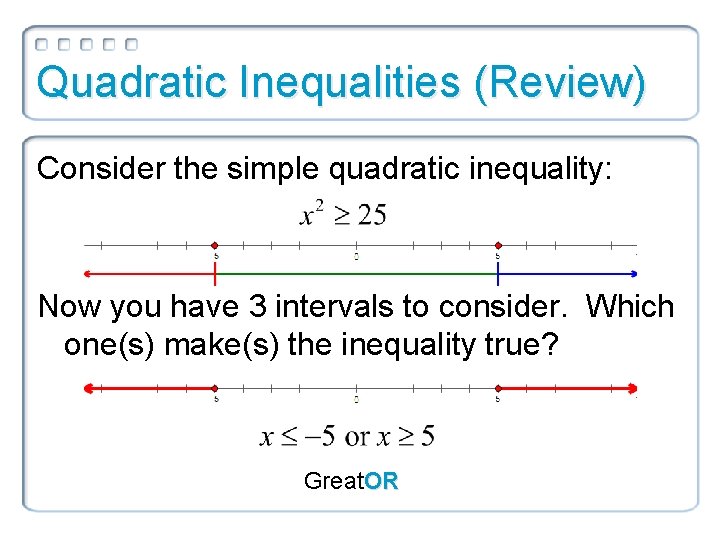 Quadratic Inequalities (Review) Consider the simple quadratic inequality: Now you have 3 intervals to