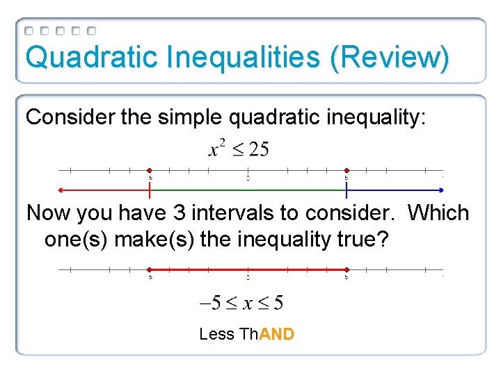 Quadratic Inequalities (Review) Consider the simple quadratic inequality: Now you have 3 intervals to