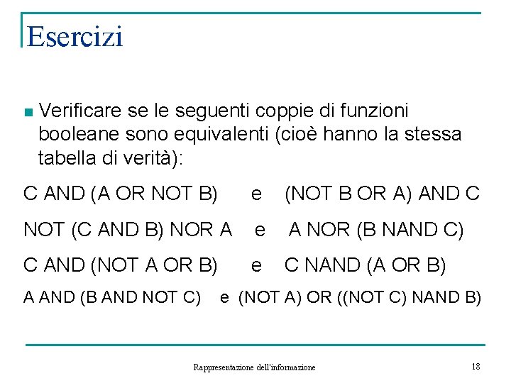 Esercizi n Verificare se le seguenti coppie di funzioni booleane sono equivalenti (cioè hanno
