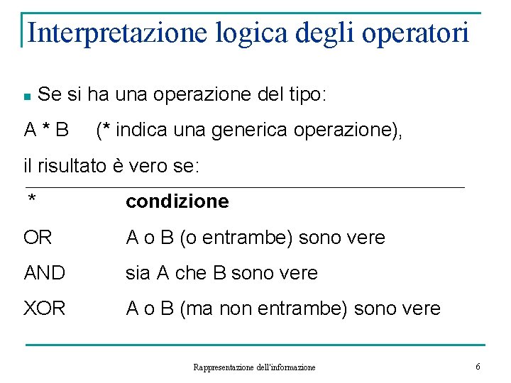 Interpretazione logica degli operatori n Se si ha una operazione del tipo: A*B (*