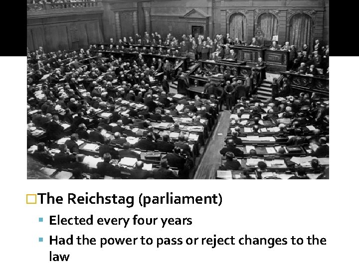 �The Reichstag (parliament) Elected every four years Had the power to pass or reject