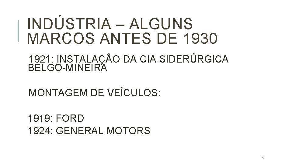 INDÚSTRIA – ALGUNS MARCOS ANTES DE 1930 1921: INSTALAÇÃO DA CIA SIDERÚRGICA BELGO-MINEIRA MONTAGEM