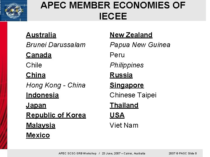 APEC MEMBER ECONOMIES OF IECEE Australia Brunei Darussalam Canada Chile China Hong Kong -