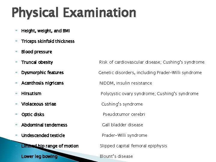 Physical Examination Height, weight, and BMI Triceps skinfold thickness Blood pressure Truncal obesity Risk