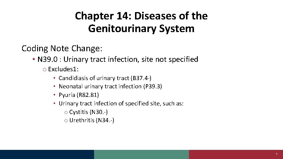 Chapter 14: Diseases of the Genitourinary System Coding Note Change: • N 39. 0
