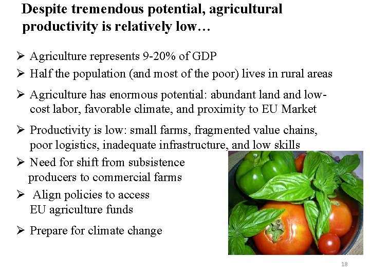 Despite tremendous potential, agricultural productivity is relatively low… Ø Agriculture represents 9 -20% of