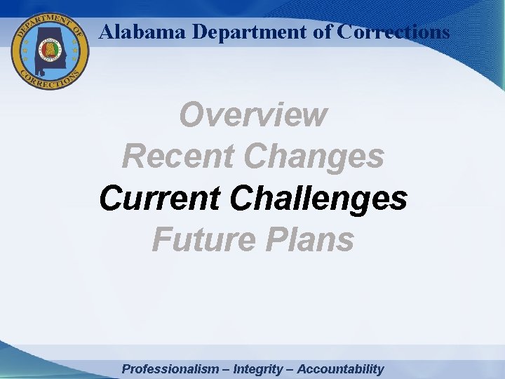Alabama Department of Corrections Overview Recent Changes Current Challenges Future Plans Professionalism – Integrity
