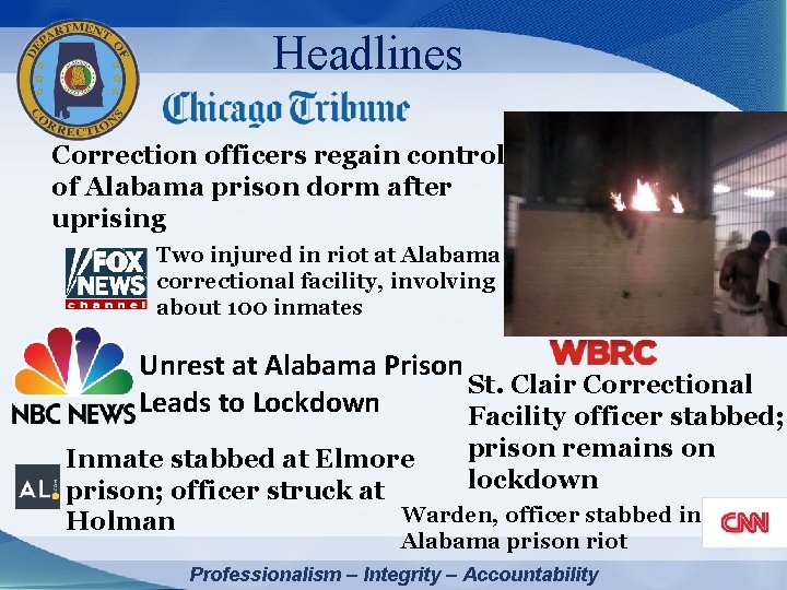 Headlines Correction officers regain control of Alabama prison dorm after uprising Two injured in