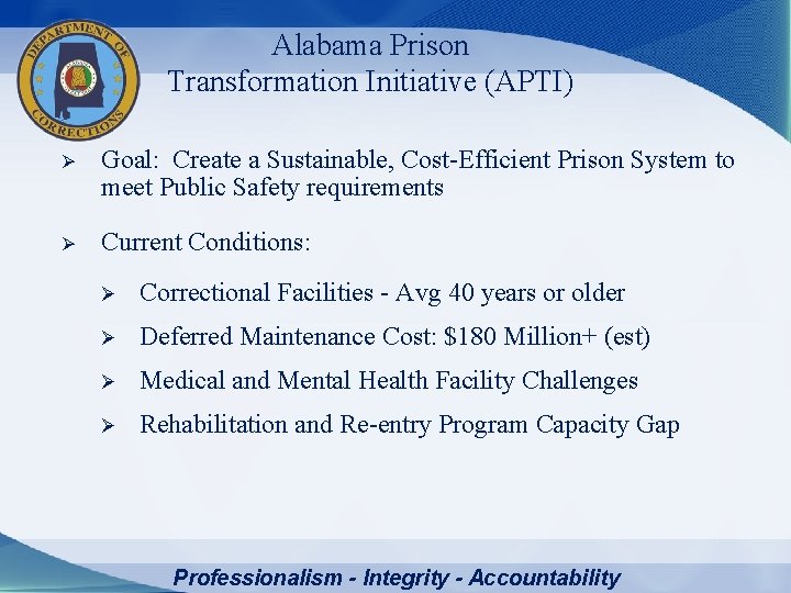 Alabama Prison Transformation Initiative (APTI) Ø Goal: Create a Sustainable, Cost-Efficient Prison System to