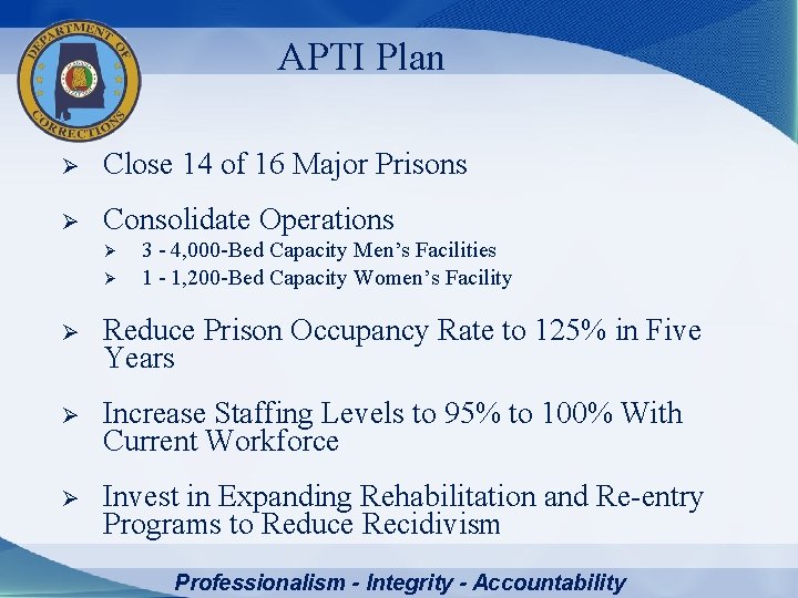 APTI Plan Ø Close 14 of 16 Major Prisons Ø Consolidate Operations Ø Ø