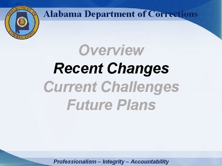 Alabama Department of Corrections Overview Recent Changes Current Challenges Future Plans Professionalism – Integrity