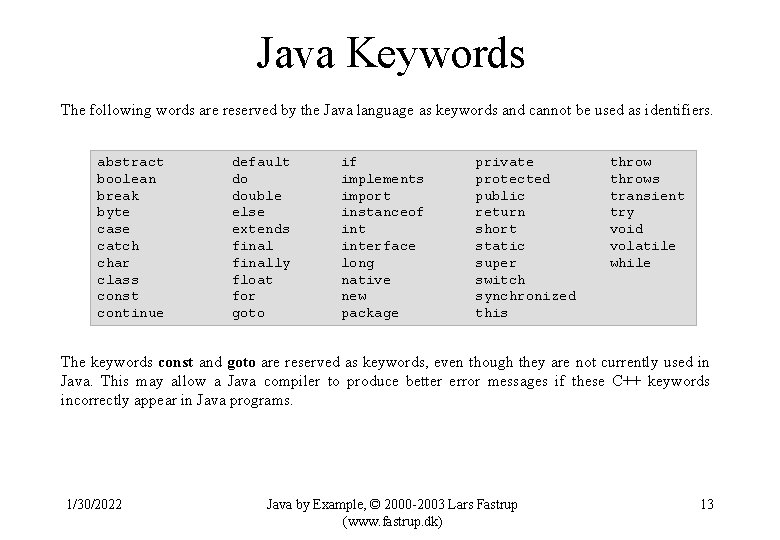 Java Keywords The following words are reserved by the Java language as keywords and