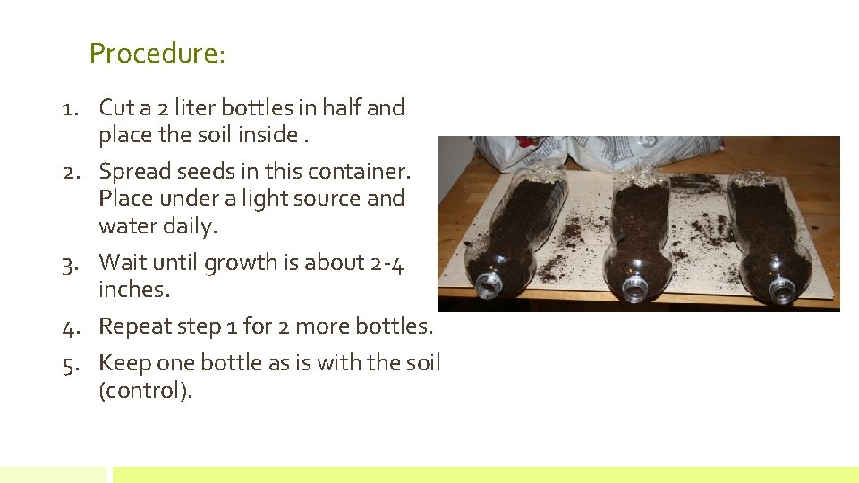 Procedure: 1. Cut a 2 liter bottles in half and place the soil inside.