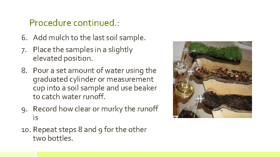 Procedure continued. : 6. Add mulch to the last soil sample. 7. Place the