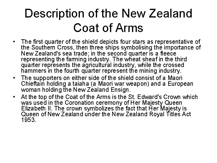 Description of the New Zealand Coat of Arms • The first quarter of the