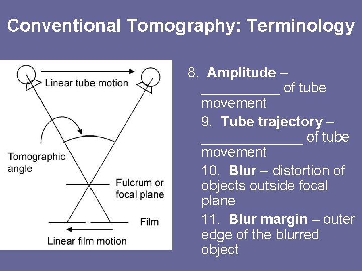 Conventional Tomography: Terminology 8. Amplitude – _____ of tube movement 9. Tube trajectory –