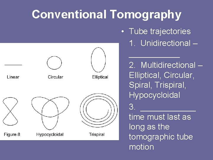 Conventional Tomography • Tube trajectories 1. Unidirectional – ______ 2. Multidirectional – Elliptical, Circular,