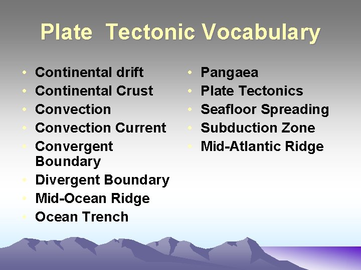 Plate Tectonic Vocabulary • • • Continental drift Continental Crust Convection Current Convergent Boundary Plate Tectonic Vocabulary • • • Continental drift Continental Crust Convection Current Convergent Boundary