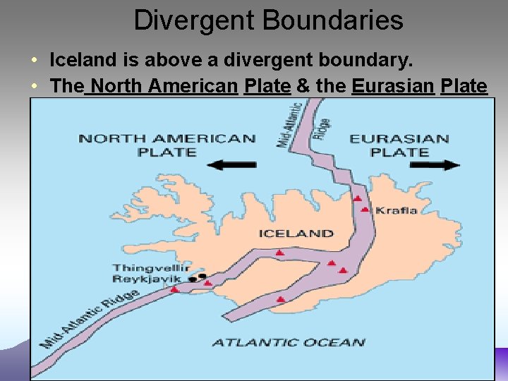 Divergent Boundaries • Iceland is above a divergent boundary. • The North American Plate Divergent Boundaries • Iceland is above a divergent boundary. • The North American Plate