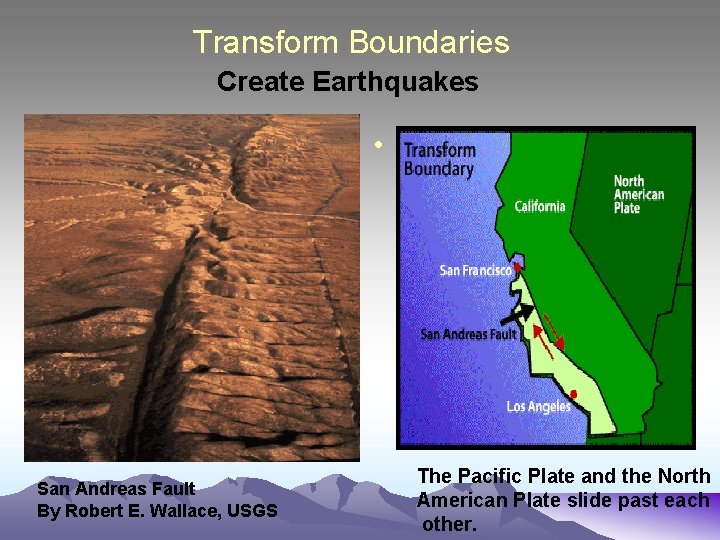 Transform Boundaries Create Earthquakes • San Andreas Fault By Robert E. Wallace, USGS The Transform Boundaries Create Earthquakes • San Andreas Fault By Robert E. Wallace, USGS The