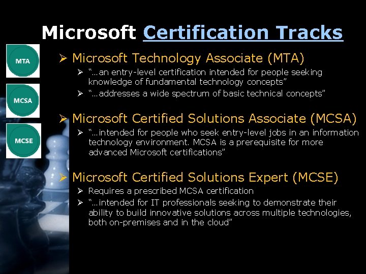 Microsoft Certification Tracks Ø Microsoft Technology Associate (MTA) Ø “…an entry-level certification intended for