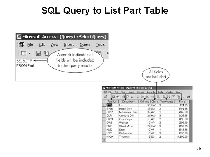 SQL Query to List Part Table 16 