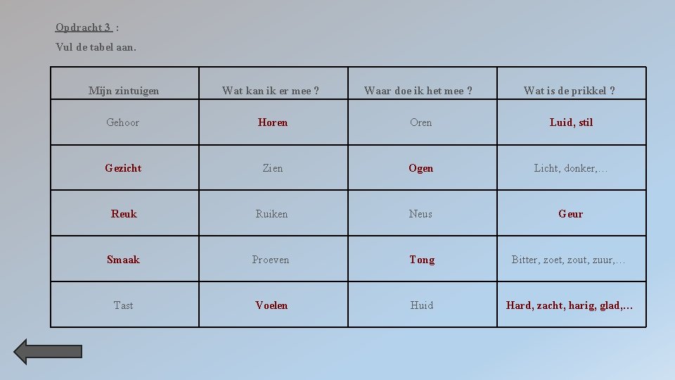 Opdracht 3 : Vul de tabel aan. Mijn zintuigen Wat kan ik er mee