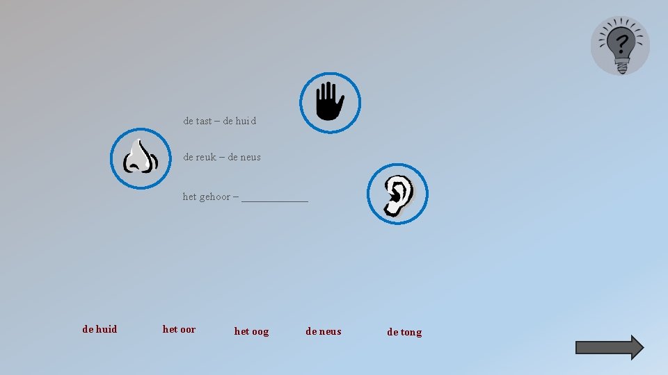 de tast – de huid de reuk – de neus het gehoor – ______