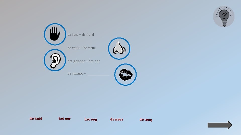 de tast – de huid de reuk – de neus het gehoor – het