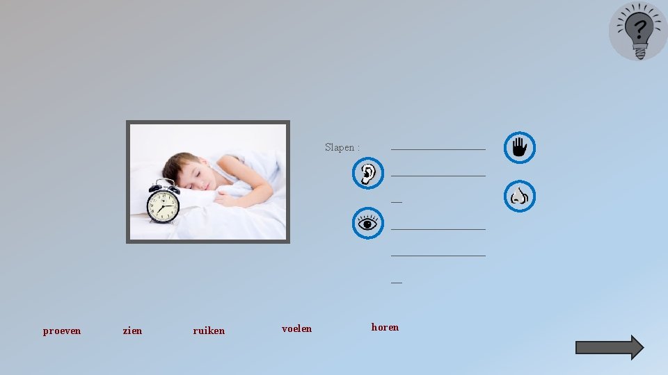 Slapen : _________________ __ proeven zien ruiken voelen horen 
