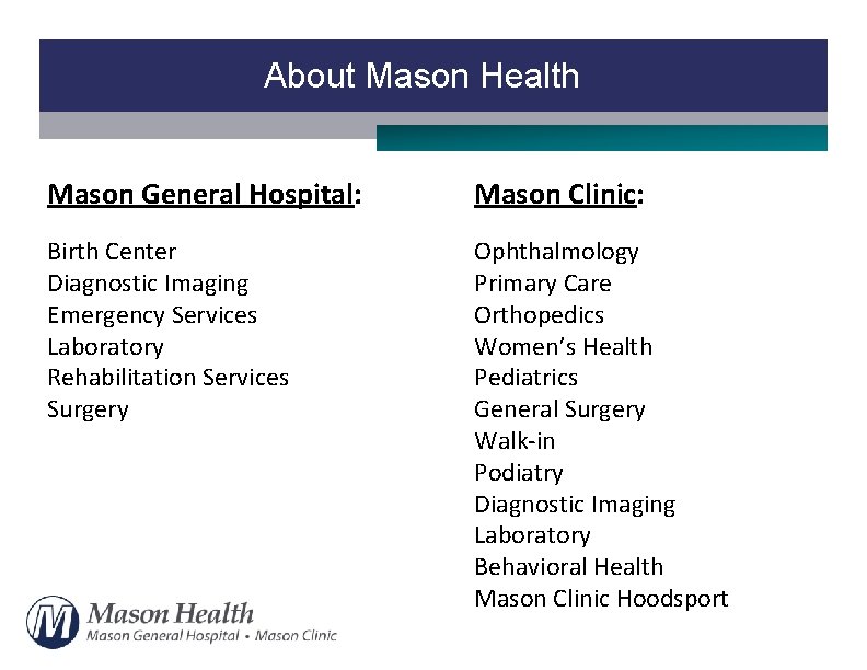 About Mason Health Mason General Hospital: Mason Clinic: Birth Center Diagnostic Imaging Emergency Services