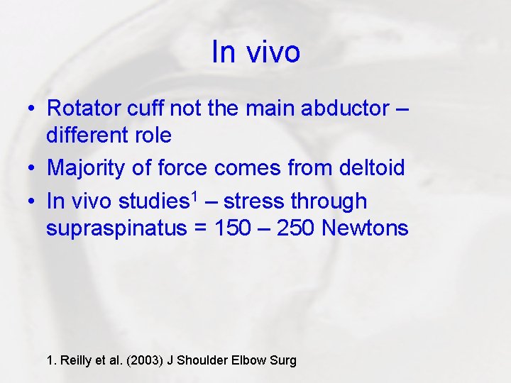 In vivo • Rotator cuff not the main abductor – different role • Majority