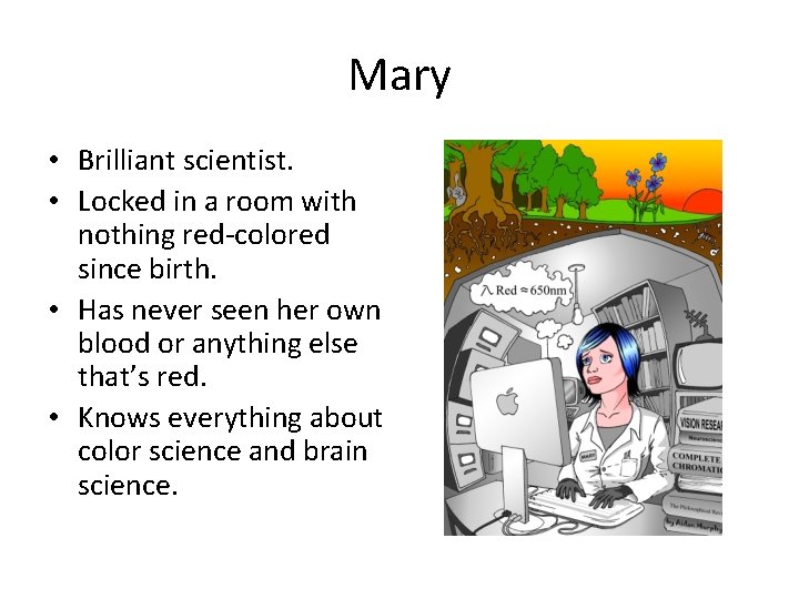 Mary • Brilliant scientist. • Locked in a room with nothing red-colored since birth.