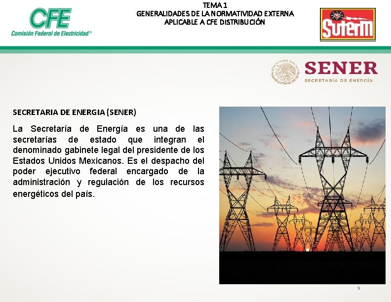 TEMA 1 GENERALIDADES DE LA NORMATIVIDAD EXTERNA APLICABLE A CFE DISTRIBUCIÓN SECRETARIA DE ENERGIA