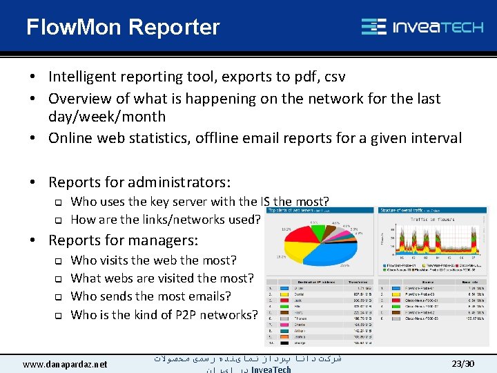 Flow. Mon Reporter • Intelligent reporting tool, exports to pdf, csv • Overview of