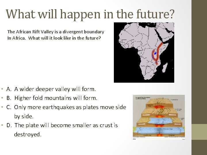 What will happen in the future? The African Rift Valley is a divergent boundary