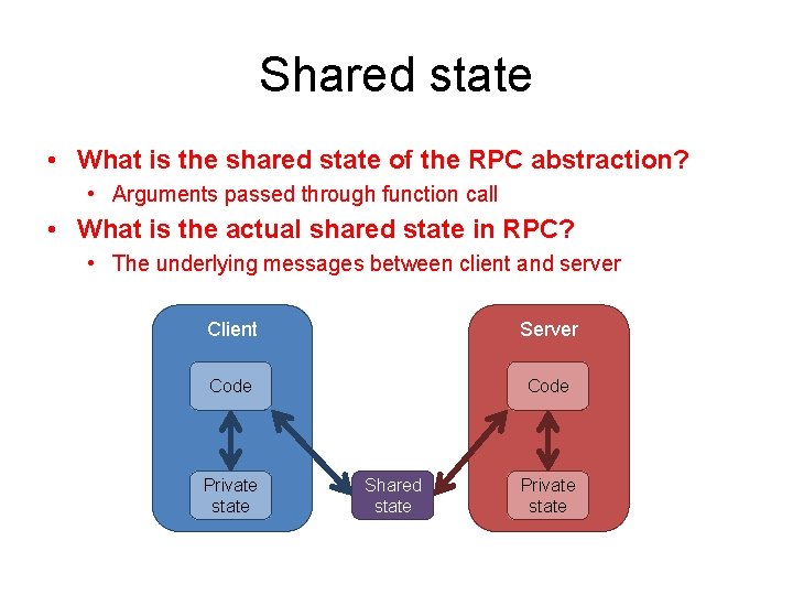 Shared state • What is the shared state of the RPC abstraction? • Arguments