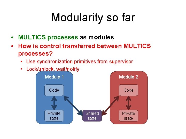 Modularity so far • MULTICS processes as modules • How is control transferred between
