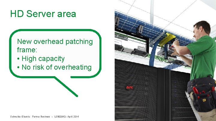 HD Server area New overhead patching frame: • High capacity • No risk of