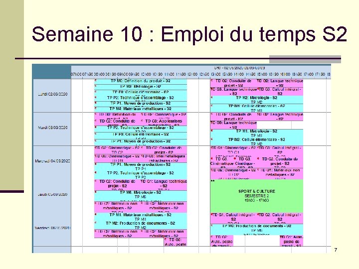 Semaine 10 : Emploi du temps S 2 7 