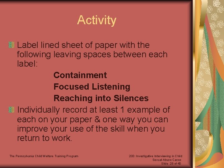 Activity Label lined sheet of paper with the following leaving spaces between each label: