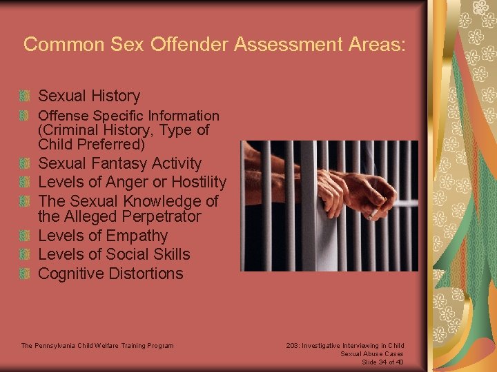 Common Sex Offender Assessment Areas: Sexual History Offense Specific Information (Criminal History, Type of