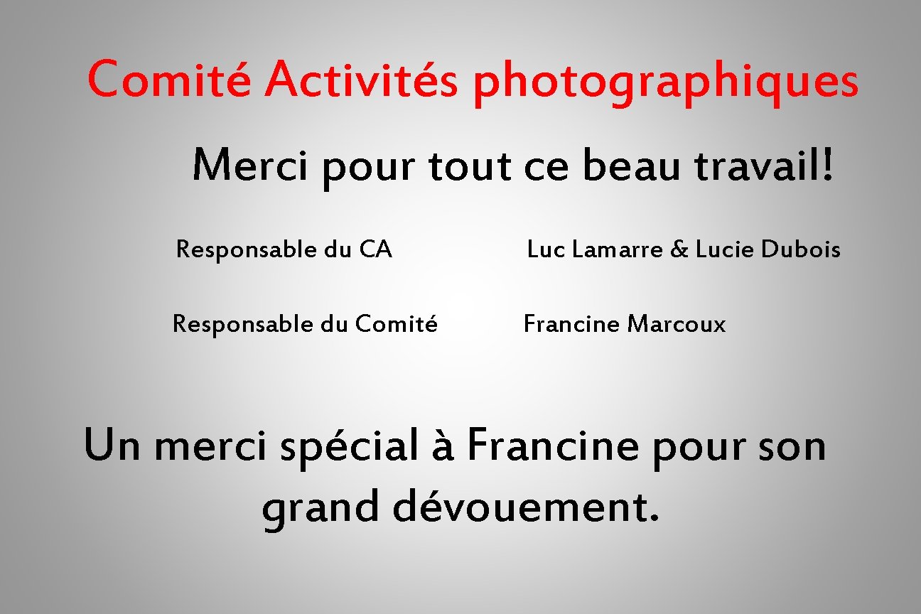 Comité Activités photographiques Merci pour tout ce beau travail! Responsable du CA Luc Lamarre