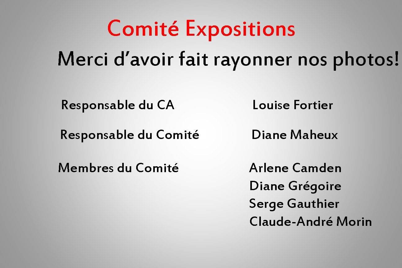 Comité Expositions Merci d’avoir fait rayonner nos photos! Responsable du CA Louise Fortier Responsable